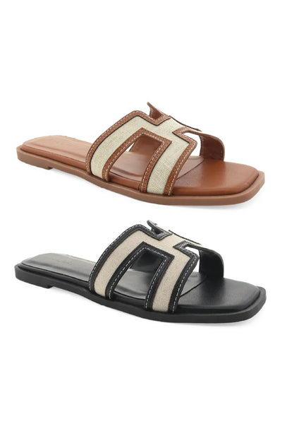 Billini Shoes Gordy Slide Style S1018 in Natural Linen Tan;Billini Hermes Dupe Slide;Billini Slide Sandal; 