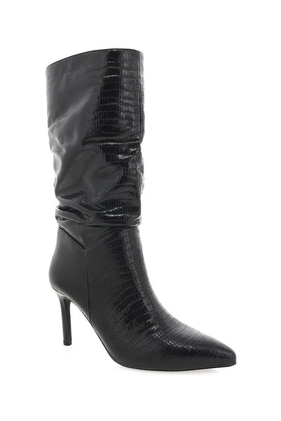 Billini Shoes Jennifer Boot in Black Scale;Heel Slouchy Boot;Scaled Slouchy Boot;Black Textured Heeled Slouchy Boot;Billini Black Boot