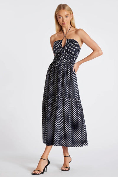 Bishop and Young Aeries Halter Dress Style K1FDW2463I-CVP in Navy with White Clover Print; Keyhole cutout navy printed halter midi spring dress