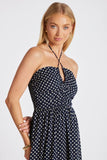 Bishop and Young Aeries Halter Dress Style K1FDW2463I-CVP in Navy with White Clover Print; Keyhole cutout navy printed halter midi spring dress