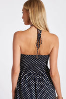 Bishop and Young Aeries Halter Dress Style K1FDW2463I-CVP in Navy with White Clover Print; Keyhole cutout navy printed halter midi spring dress