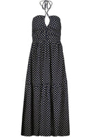 Bishop and Young Aeries Halter Dress Style K1FDW2463I-CVP in Navy with White Clover Print; Keyhole cutout navy printed halter midi spring dress
