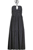 Bishop and Young Aeries Halter Dress Style K1FDW2463I-CVP in Navy with White Clover Print; Keyhole cutout navy printed halter midi spring dress