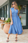 Bishop and Young Skye Zip Front Dress Style KFDW3108 in Blue Tencel; Smocked Waist Zip Front Midi Dress