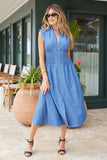 Bishop and Young Skye Zip Front Dress Style KFDW3108 in Blue Tencel; Smocked Waist Zip Front Midi Dress
