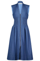 Bishop and Young Skye Zip Front Dress Style KFDW3108 in Blue Tencel; Smocked Waist Zip Front Midi Dress