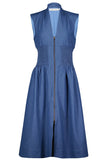 Bishop and Young Skye Zip Front Dress Style KFDW3108 in Blue Tencel; Smocked Waist Zip Front Midi Dress