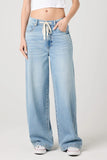 Blank NYC Clothing Feeling Good Jean Style 03GA3674 CFA in the color feeling good. women's light wash, low rise 100% cotton, baggy fit spring summer denim jean with drawstring.