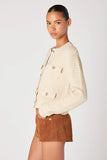Blank NYC Clothing Slow Start Jacket Style 12JP4570 SXK; Cream With Gold Buttons Crew Neck Sweater Jacket Gold Button Spring Cardigan