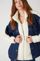 Blank NYC Feeling Frosty Trucker Style 03WK5985 FOB in color feeling freosty;Faux Sherpa and Denim Oversized Trucker Jacket;BlankNYC Sherpa and Denim Jacket;FAll Jacket; 