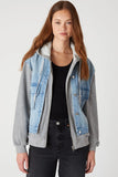 Blank NYC Together Again Jacket Style 57CH5242 TGA in the Color Together Again;Layered Denim and Hoodie Jacket; Denim and French terry Layered Hooded Denim Jacket; Fall Jacket