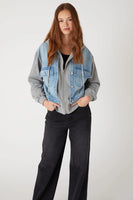 Blank NYC Together Again Jacket Style 57CH5242 TGA in the Color Together Again;Layered Denim and Hoodie Jacket; 