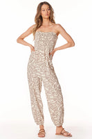 Bobi Clothing Tapered Leg Jumpsuit Style 51E-37712 TML in Tan Mural;Strapless Jumpsuit;Printed Strapless Jumpsuit; 