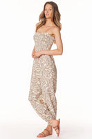 Bobi Clothing Tapered Leg Jumpsuit Style 51E-37712 TML in Tan Mural;Strapless Jumpsuit;Printed Strapless Jumpsuit; 