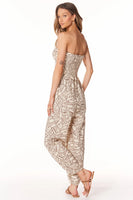 Bobi Clothing Tapered Leg Jumpsuit Style 51E-37712 TML in Tan Mural;Strapless Jumpsuit;Printed Strapless Jumpsuit; 