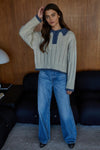 By Together Clothing Apres Polo Sweater Style W2167 in Taupe with Blue; Taupe With Blue Contrast Wide Rib Polo Style Fall Sweater