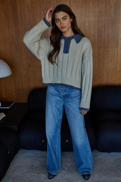 By Together Clothing Apres Polo Sweater Style W2167 in Taupe with Blue; Taupe With Blue Contrast Wide Rib Polo Style Fall Sweater