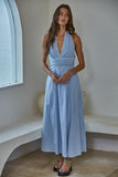 By Together Clothing Calla Halter Dress Style L9439 in Light Blue. A Sleeveless open back cotton halter neck midi dress with whipstitch detail.