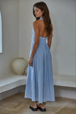 By Together Clothing Calla Halter Dress Style L9439 in Light Blue. A Sleeveless open back cotton halter neck midi dress with whipstitch detail.