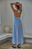 By Together Clothing Calla Halter Dress Style L9439 in Light Blue. A Sleeveless open back cotton halter neck midi dress with whipstitch detail.