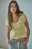 By Together Clothing Kendra Crochet Top Style W2030 in bother Butter Yellow and in Baby Pink; Short Sleeve Slightly Cropped Crochet Spring/Summer Top, Butter Yellow Crochet Top