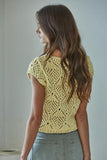 By Together Clothing Kendra Crochet Top Style W2030 in bother Butter Yellow and in Baby Pink; Short Sleeve Slightly Cropped Crochet Spring/Summer Top, Butter Yellow Crochet Top