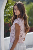 By Together Clothing Kendra Crochet Top Style W2030 in bother Butter Yellow and in Baby Pink; Short Sleeve Slightly Cropped Crochet Spring/Summer Top, Baby Pink Crochet Top