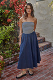 By Together Clothing Leon Midi Skirt Style L9503 in Navy;100% Cotton Elastic waist, faux tie navy blue spring summer midi skirt.