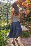 By Together Clothing Leon Midi Skirt Style L9503 in Navy;100% Cotton Elastic waist, faux tie navy blue spring summer midi skirt.