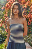 By Together Clothing Leon Striped Tube Top Style L9685 in Cream Navy Stripe. Cotton blend lightweight stretch ribbed spring summer tube top.