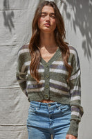 By Together Clothing Sedona Crop Cardigan Style W2196 in Olive;Fall Striped Cropped Cardigan; 