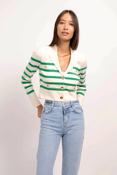 CPW Central Park West Clothing Dawson Double Breasted Button Up Cropped Blazer Style CS24-2122S on Ivory Green; 