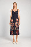 Caballero Collection Donna Dress in Crouching Cheetah Black Style CA4412-P1230; Black Spaghetti Strap, Smocked, Placement Printed, Pleated skirt midi dress