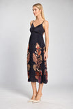 Caballero Collection Donna Dress in Crouching Cheetah Black Style CA4412-P1230; Black Spaghetti Strap, Smocked, Placement Printed, Pleated skirt midi dress