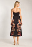 Caballero Collection Donna Dress in Crouching Cheetah Black Style CA4412-P1230; Black Spaghetti Strap, Smocked, Placement Printed, Pleated skirt midi dress