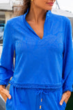 Cabana Life Clothing Royal Leaf Textured Top Style 903-ESS-3008. Close-up of the split neckline and embossed tropical leaf fabric on the Royal Leaf Textured Top.