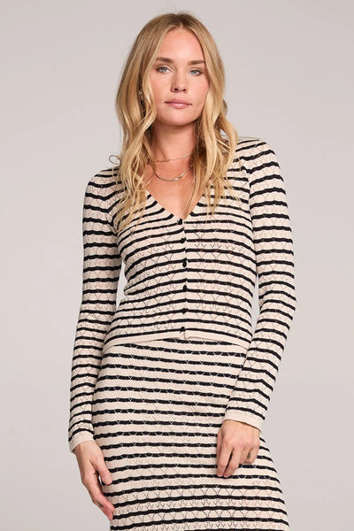 Saltwater Luxe Cardinal Cardigan Style S3729-BKWH1 in black and white stripe; 
Striped Fall Cardigan Sweater
