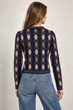 Central Park West Clothing Astrid Argyle Cardigan Style CF26-10725S in Navy Combo; Navy Argyle Cardigan Sweater top .  Thanksgiving sweater to wear with jeans.