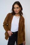 Central Park West Clothing Atlas Suede BF Blazer Style CF25-20044 in Camel;suede fall blazer;over-sized boyfriend fit Blazer; 