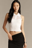 Central Park West Clothing Brooklyn Sheer Polo Halter Style CS26-10506S in White; Women's cotton blend, sheer panel, 3 button sleeveless collared halter neck top