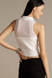 Central Park West Clothing Brooklyn Sheer Polo Halter Style CS26-10506S in White; Women's cotton blend, sheer panel, 3 button sleeveless collared halter neck top