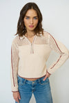 Central Park West Clothing Carla Mesh Yoke Polo Style CF25-10102S in Wheat; Mesh Details Half Zip Pull Over Knit Top
