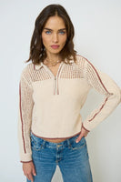 Central Park West Clothing Carla Mesh Yoke Polo Style CF25-10102S in Wheat; Mesh Details Half Zip Pull Over Knit Top