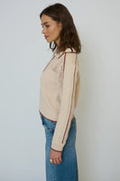 Central Park West Clothing Carla Mesh Yoke Polo Style CF25-10102S in Wheat; Mesh Details Half Zip Pull Over Knit Top