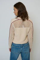 Central Park West Clothing Carla Mesh Yoke Polo Style CF25-10102S in Wheat; Mesh Details Half Zip Pull Over Knit Top