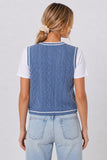 Central Park West Clothing Coen Cable X CNS Layered Sweater Style CF26-10681K in Denim White; Back view of blue cable-knit sweater vest with white tee underlayer and contrast ivory trim