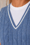 Central Park West Clothing Coen Cable X CNS Layered Sweater Style CF26-10681K in Denim White; Close-up of blue cable-knit sweater fabric, ivory V-neck trim and white cotton underlayer