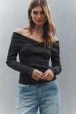 Central Park West Clothing Colette Ribbed Lurex Off The Shoulder Sweater Style AH-10334S in Black Metallic; Black Fold-over Off The Shoulder Lurex Top; Holiday Top; Date Night/Night Out Top