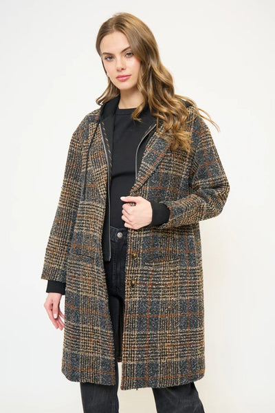 Central Park West Clothing Daphne Dickey Coat Style CH25-20168W in Plaid, Knee Length Hooded Plaid Coat 