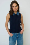 Central Park West Clothing Dash Denim Collared Shell Style CF25-10071S in Navy; Denim Collar Sleeveless Knit Shell Top